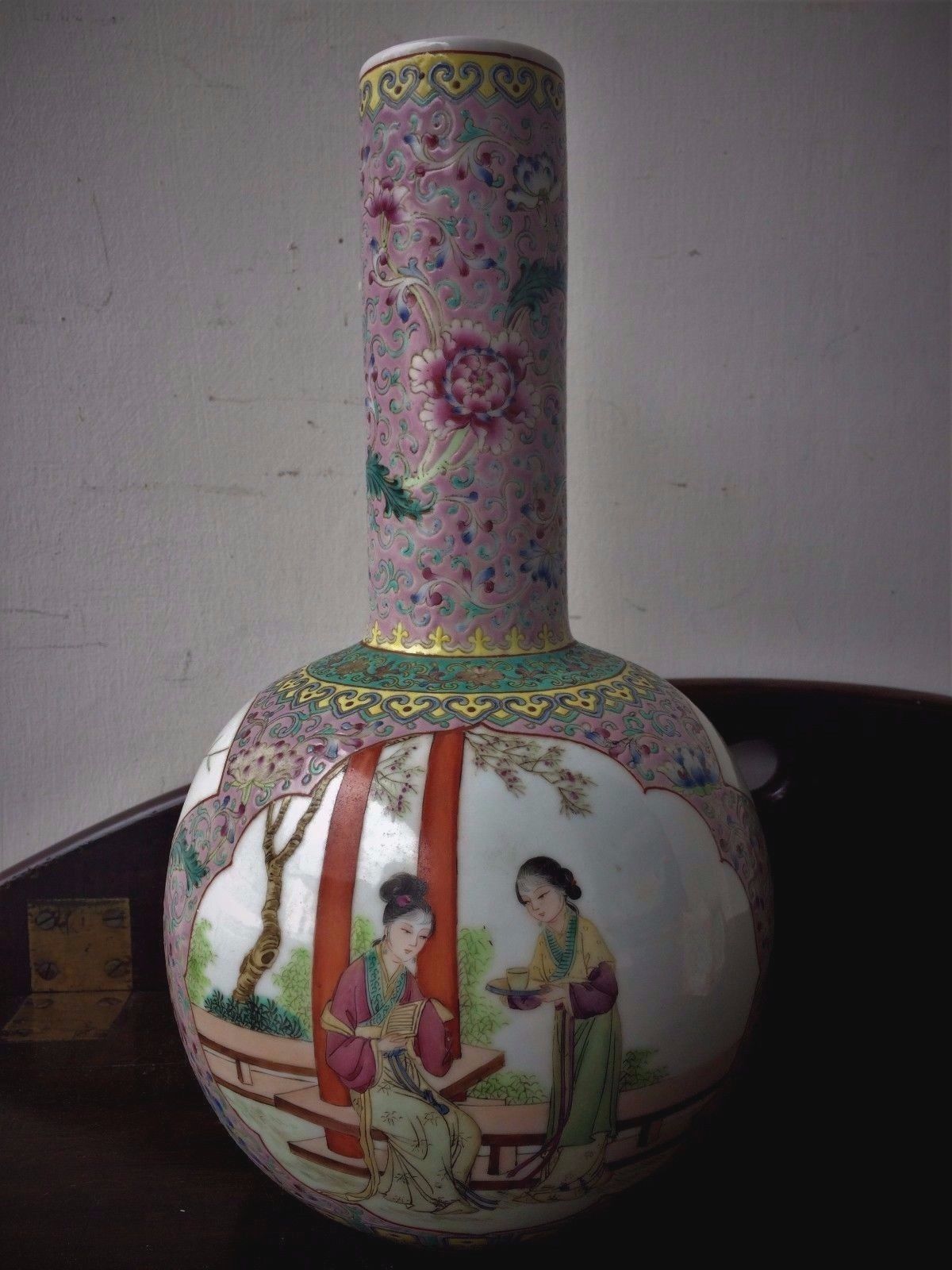 Antique Qing Dynasty Chinese Bottle Vase decorated with Ladies "red stamp mark"