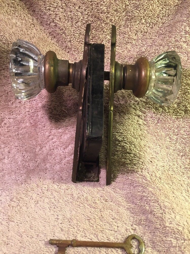 VINTAGE OLD ANTIQUE GLASS DOOR KNOB SET w/ LATCH BACK PLATES