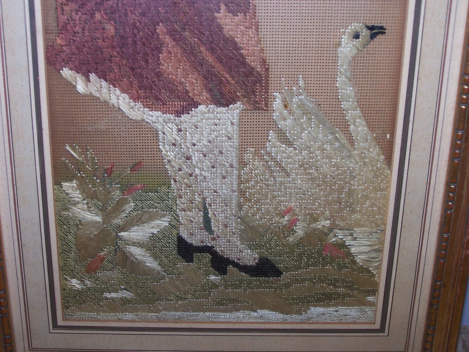 ANTIQUE TEXTILE NEEDLEWORK TAPESTRY FRAMED GIRL FEEDING SWAN BOY FISHING SCENE