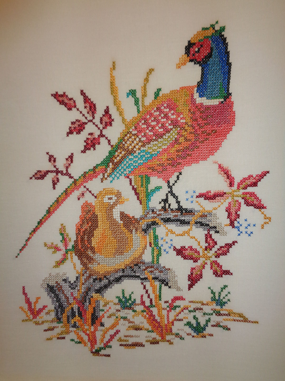 Lovely hand made embroidery artwork without frame pheasant birds couple