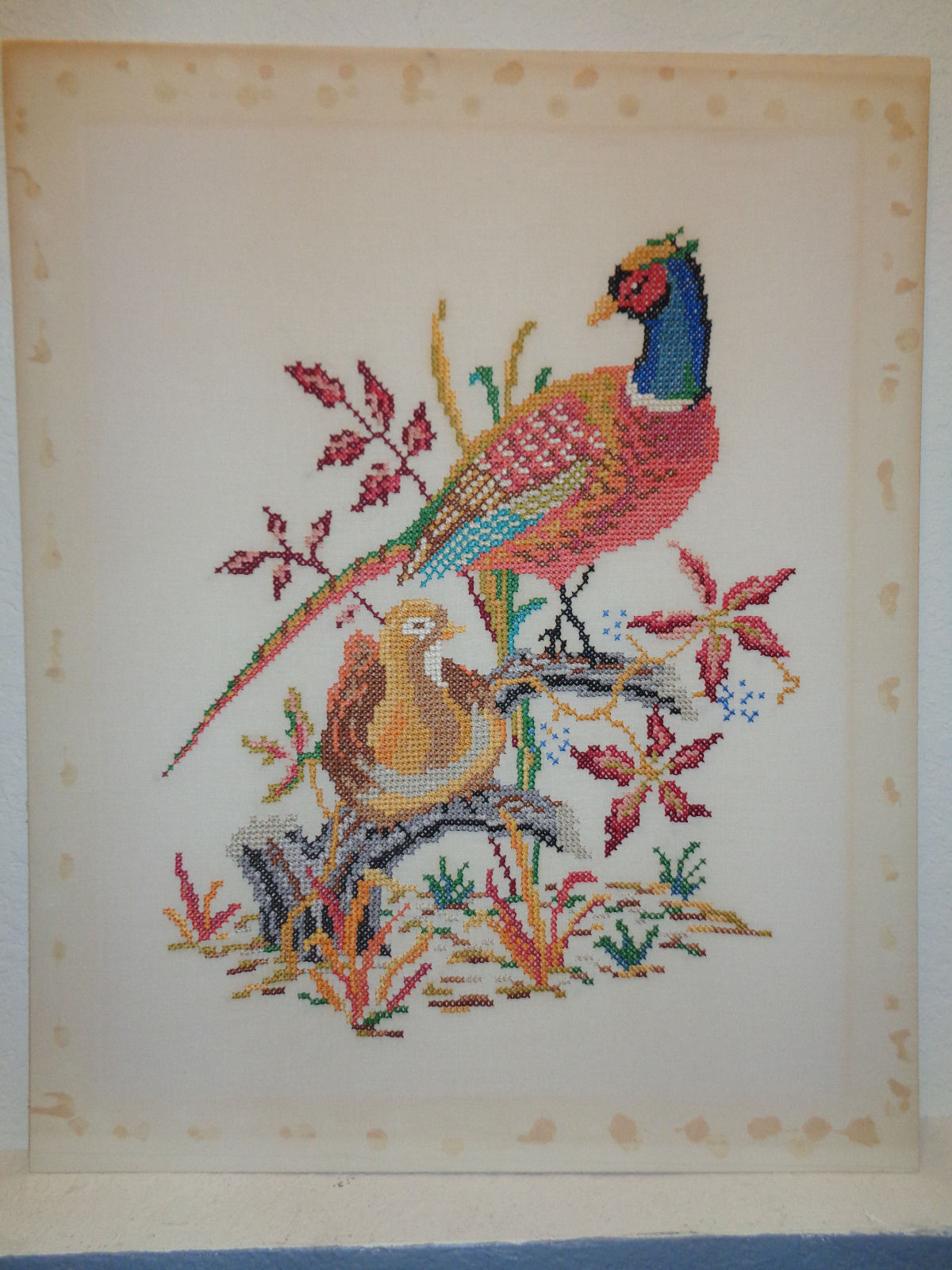 Lovely hand made embroidery artwork without frame pheasant birds couple