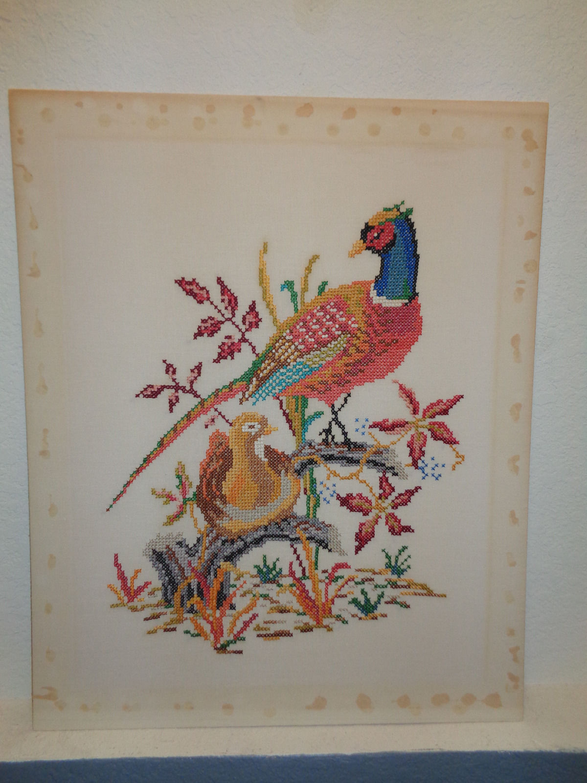 Lovely hand made embroidery artwork without frame pheasant birds couple