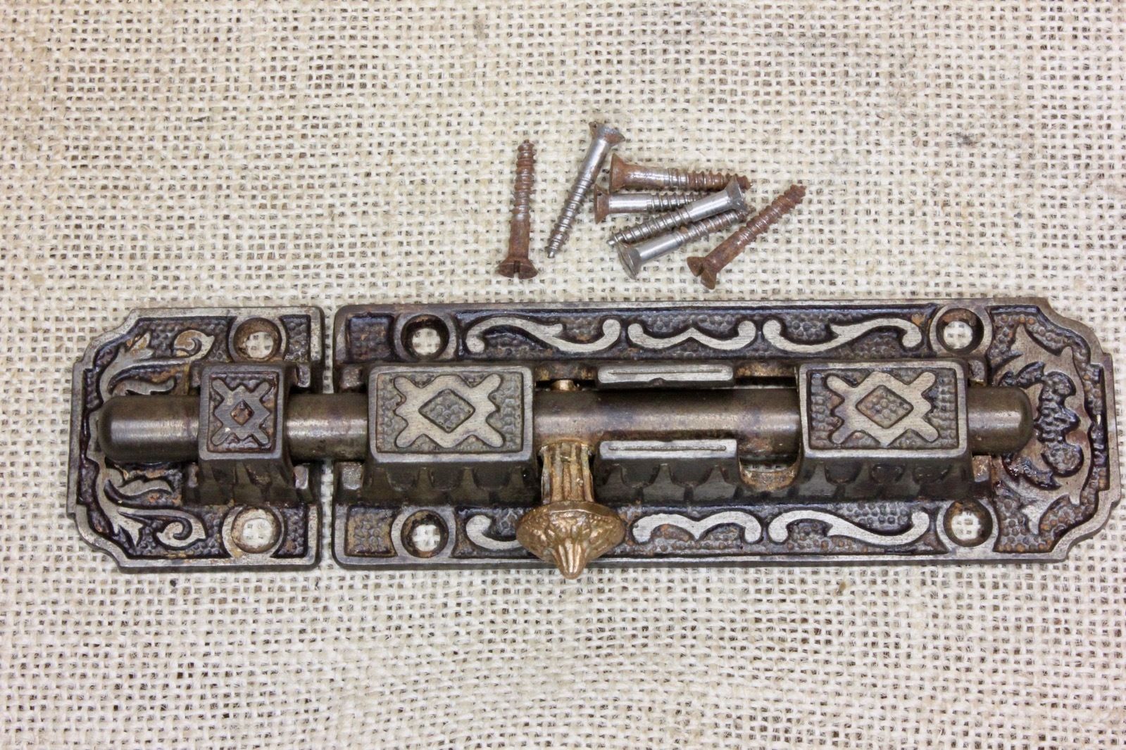 Door slide bolt security latch lock brass knob old vintage cast iron 6 1/8"