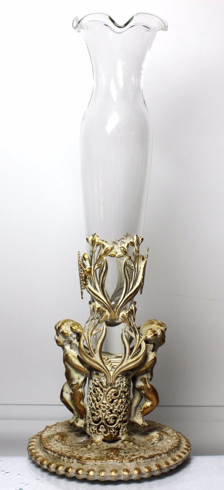 Vintage Glass Bud Vase Gold Tone Metal 2 Cherub Filigree