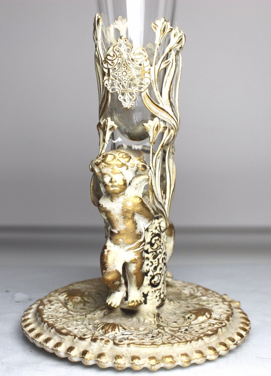 Vintage Glass Bud Vase Gold Tone Metal 2 Cherub Filigree