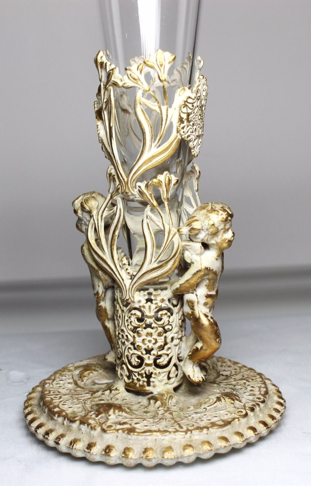 Vintage Glass Bud Vase Gold Tone Metal 2 Cherub Filigree