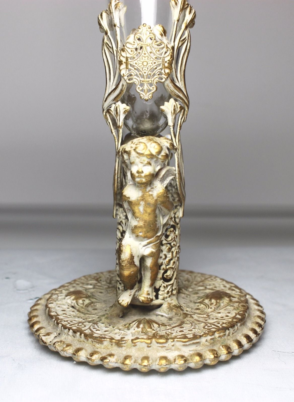 Vintage Glass Bud Vase Gold Tone Metal 2 Cherub Filigree