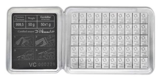 (2) 1 GRAM VALCAMBI .9995 FINE PLATINUM BULLION BAR FROM NEW SHEET OF 50