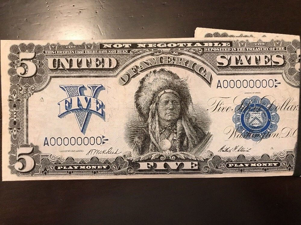 $100 In 1899 $5 Bills Prop/Play Money Silver Certificate Act. Size Indian Chief