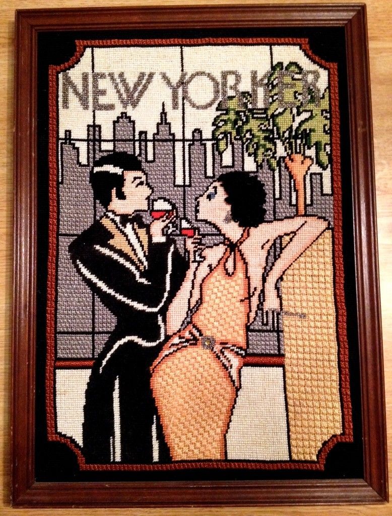 Vintage NEW YORKER Embroidery Framed Art New York Skyline Wine 3D Needlepoint