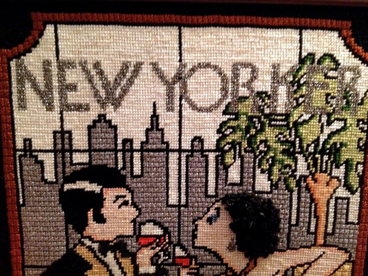 Vintage NEW YORKER Embroidery Framed Art New York Skyline Wine 3D Needlepoint