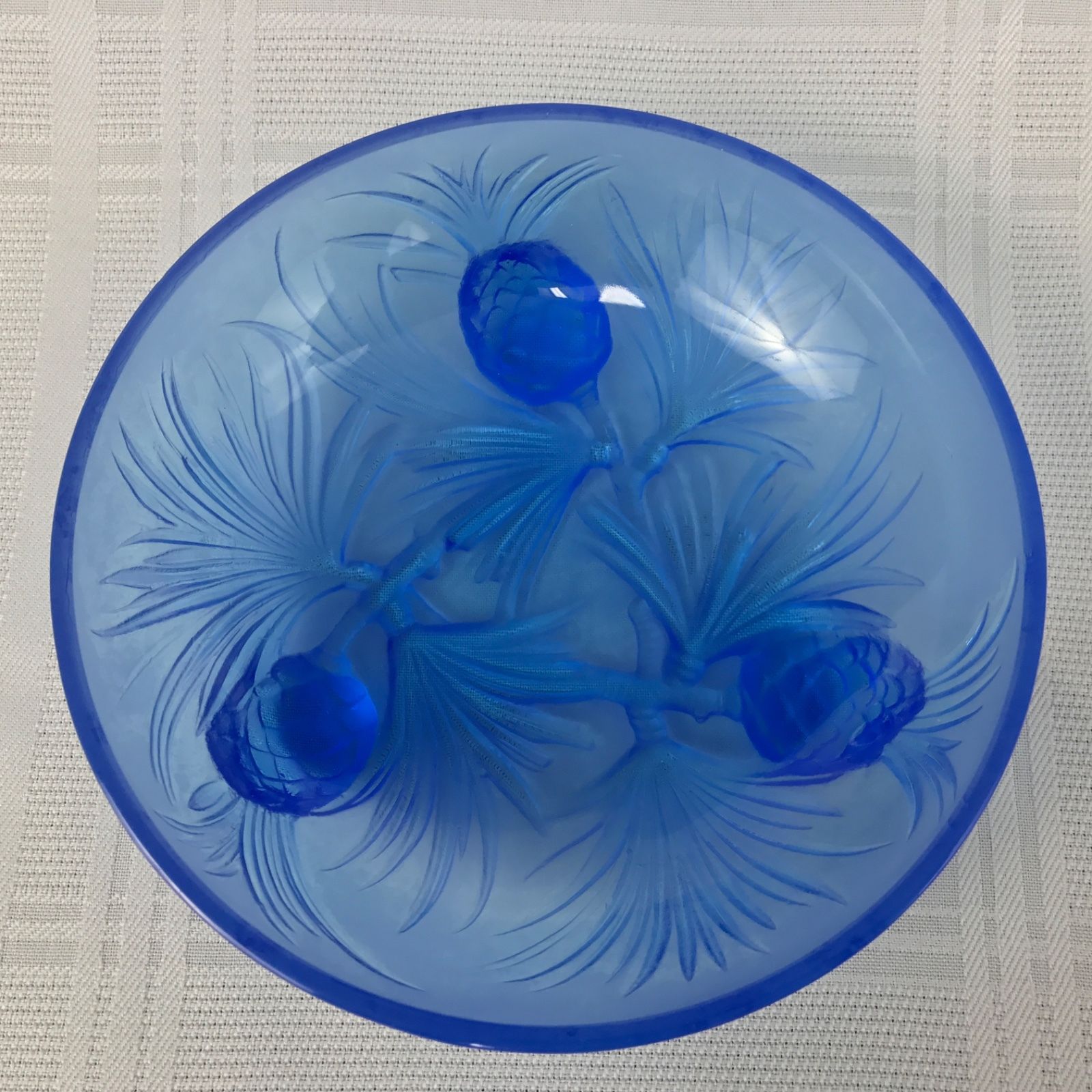 Verlys Vintage French Art Glass 6 1/4" Footed Blue Pine Cone Bowl Signed