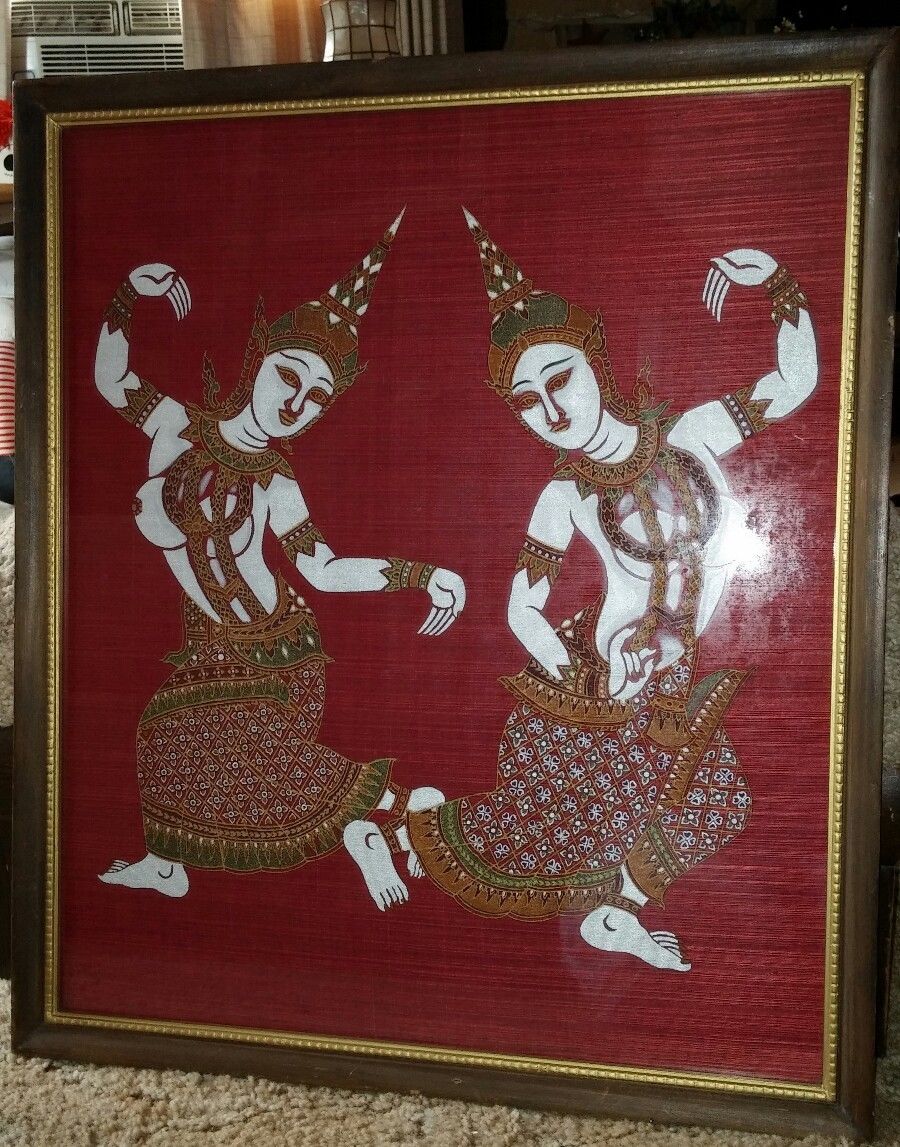 VTG Framed Oriental Painting on Red Silk Thai Siam Temple Dancers 21" x 18" GUC