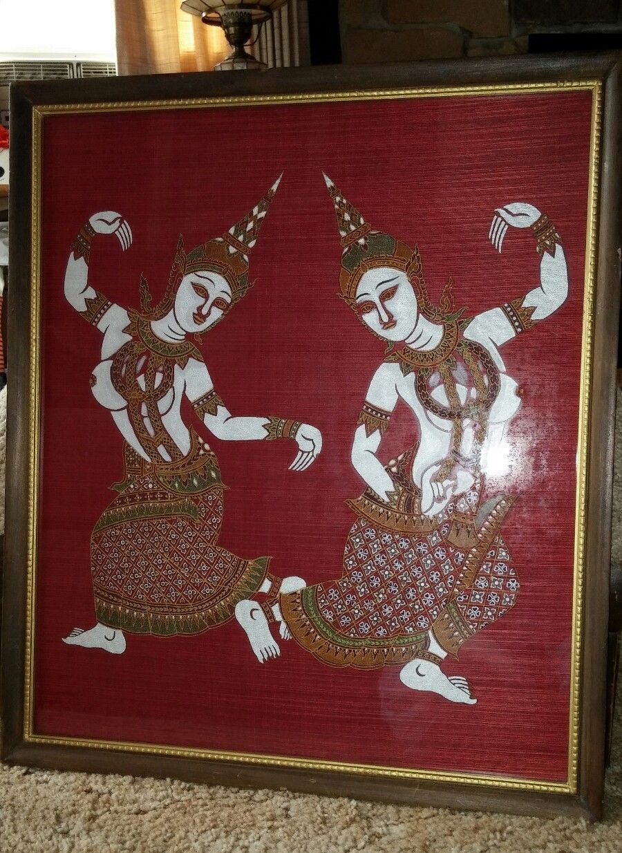 VTG Framed Oriental Painting on Red Silk Thai Siam Temple Dancers 21" x 18" GUC