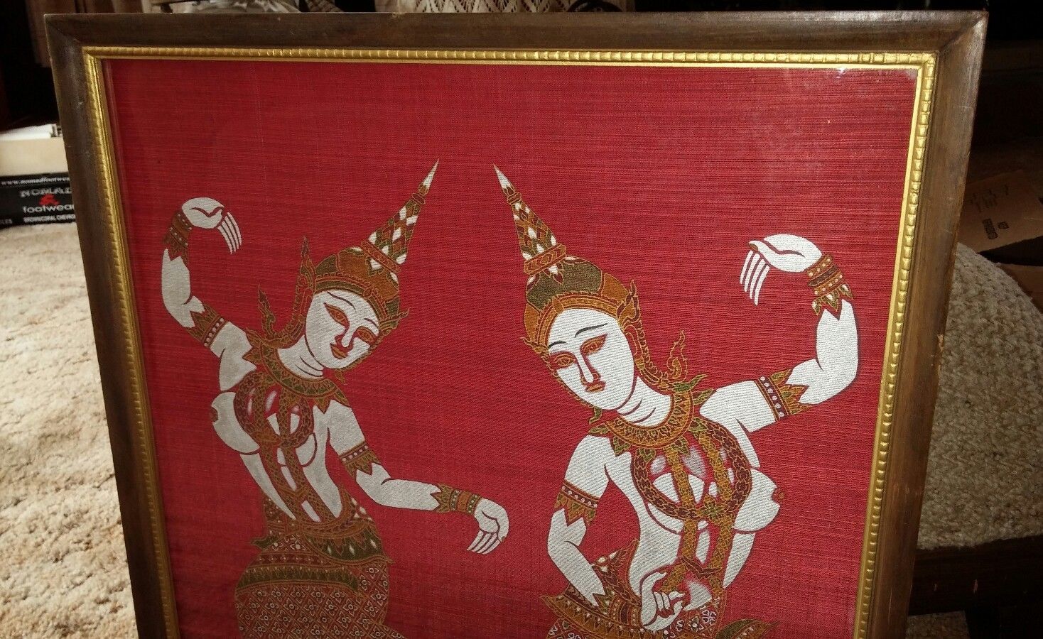 VTG Framed Oriental Painting on Red Silk Thai Siam Temple Dancers 21" x 18" GUC