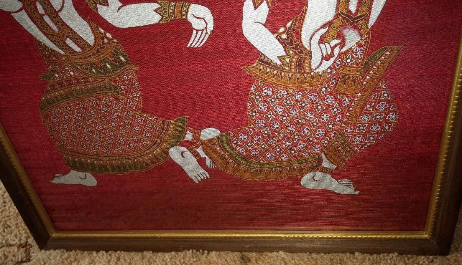 VTG Framed Oriental Painting on Red Silk Thai Siam Temple Dancers 21" x 18" GUC