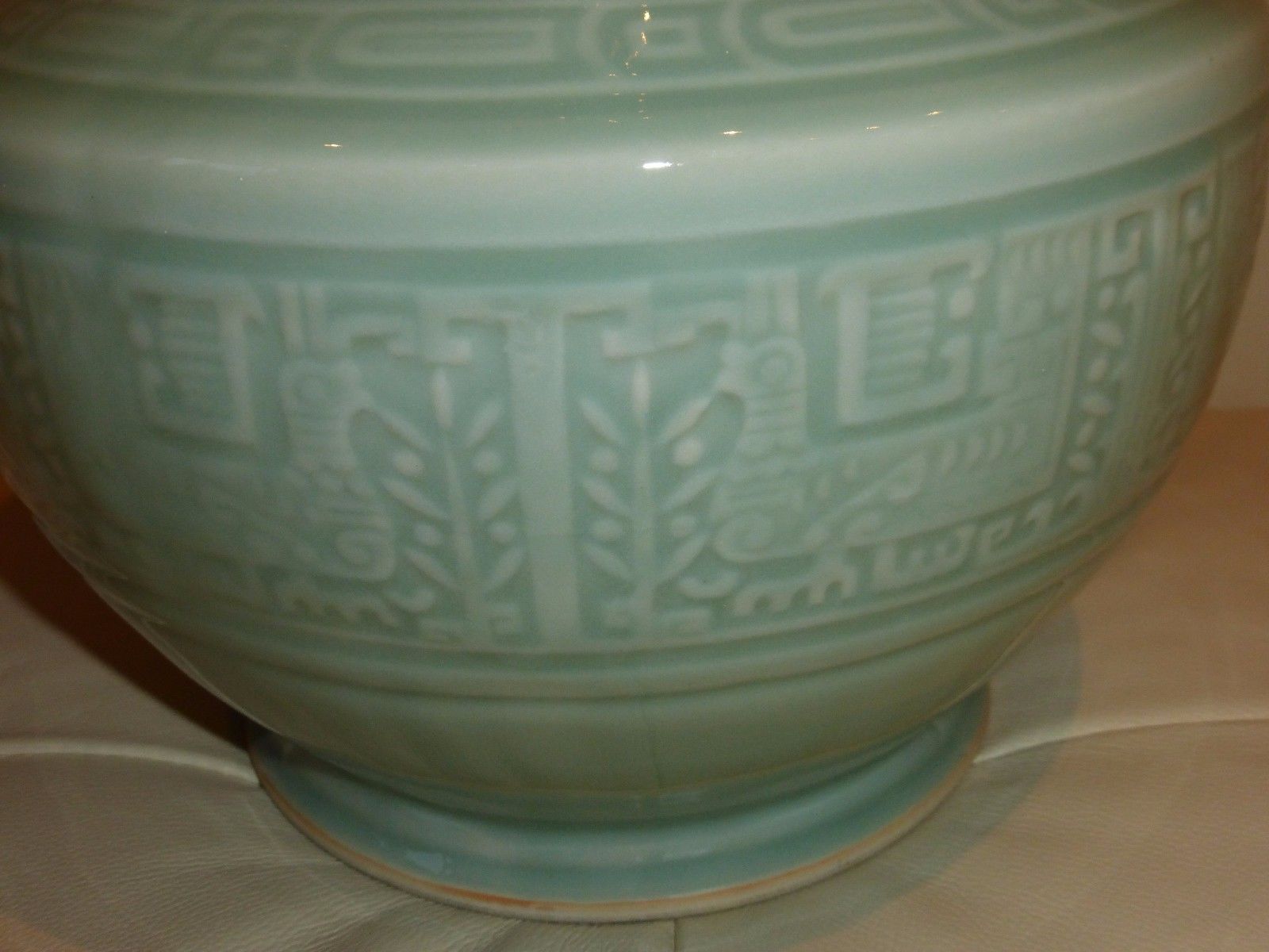 LARGE ANTIQUE CHINESE CELADON GLAZED CARVED PORCELAIN VASE