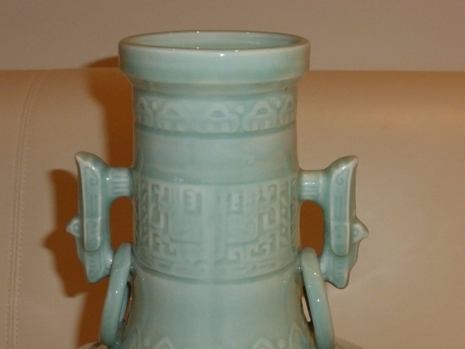 LARGE ANTIQUE CHINESE CELADON GLAZED CARVED PORCELAIN VASE