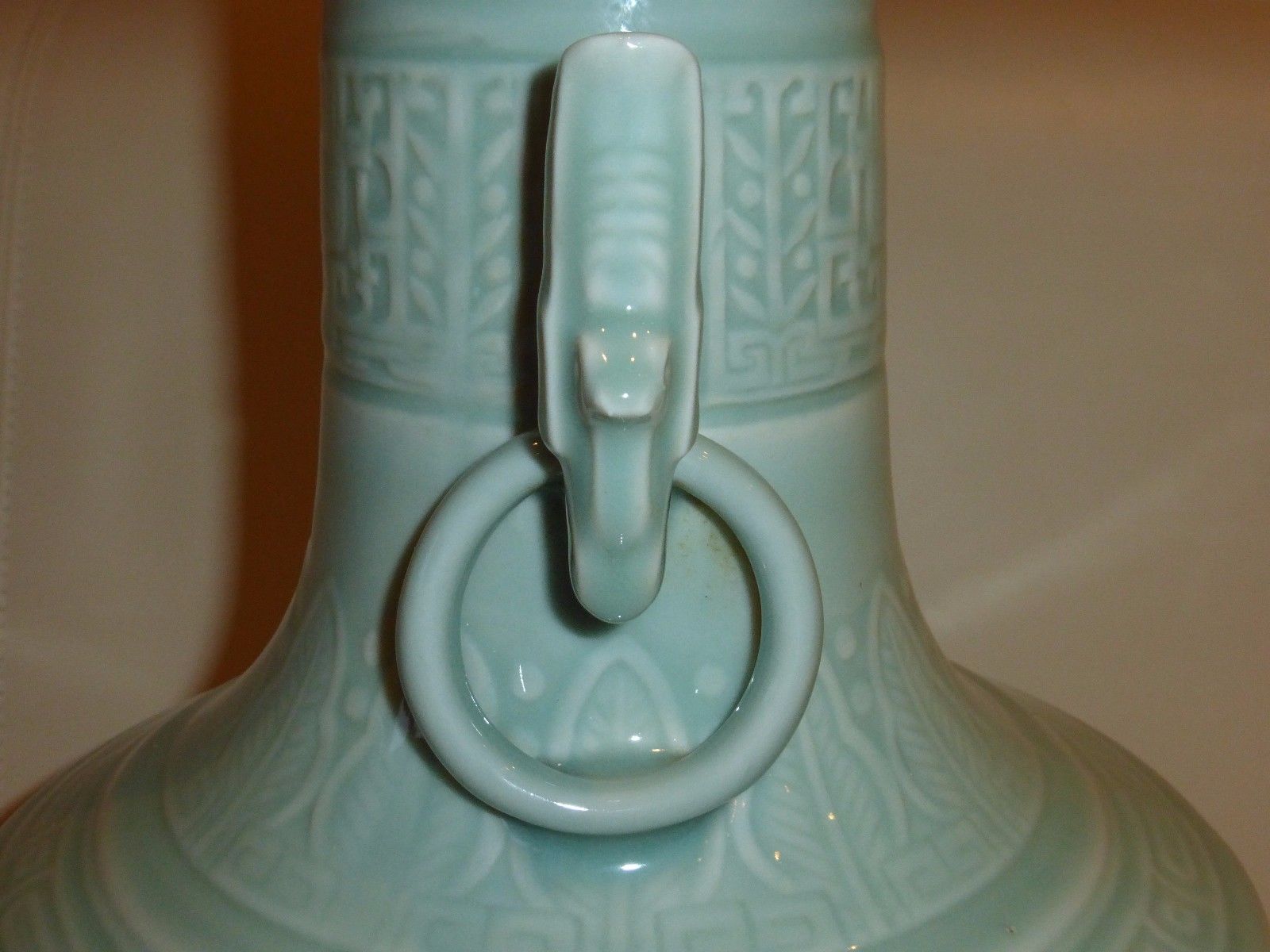 LARGE ANTIQUE CHINESE CELADON GLAZED CARVED PORCELAIN VASE