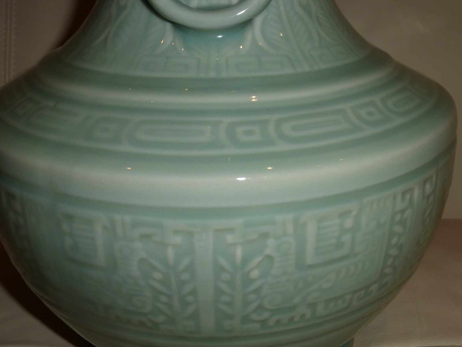 LARGE ANTIQUE CHINESE CELADON GLAZED CARVED PORCELAIN VASE