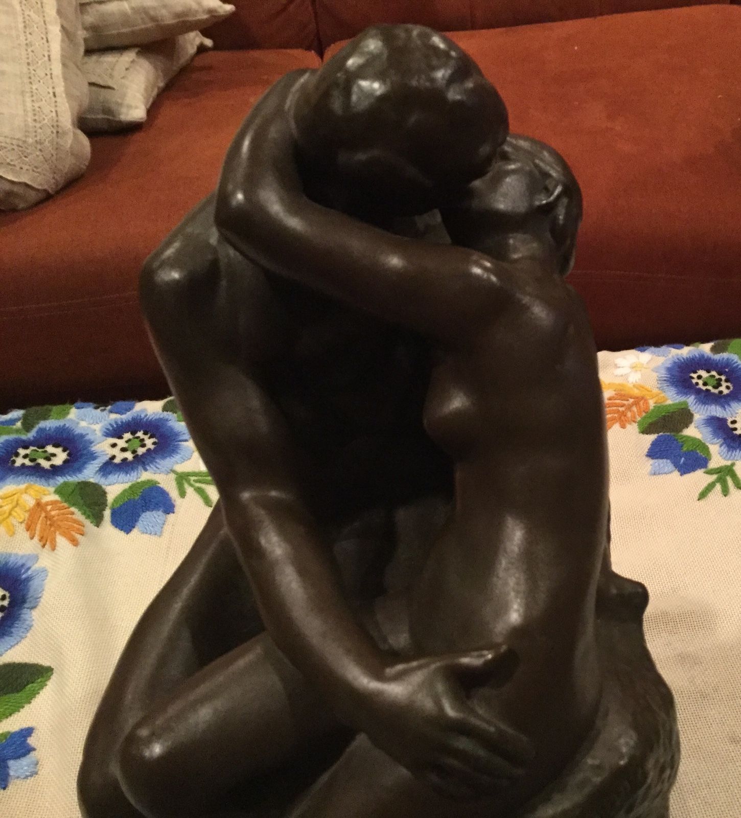 Rodin's The Kiss Bronze Over Plaster Statue Sculpture