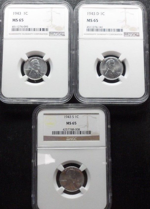 1943 P/D/S  LINCOLN CENT NGC  MS65  3- COIN SET