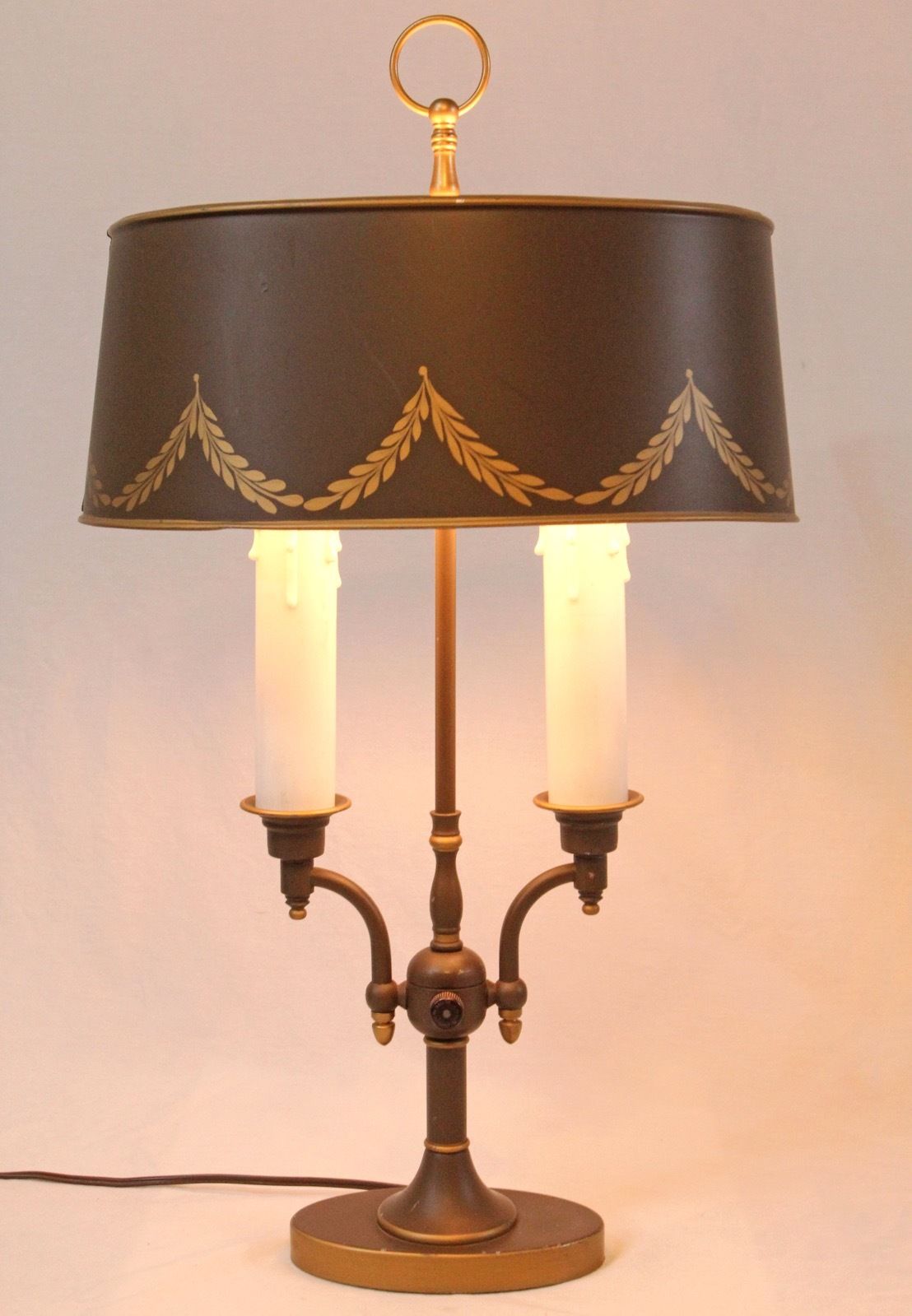 Bouillotte Tole Double Candlestick Table Lamp Vintage Painted Metal Shade Brown