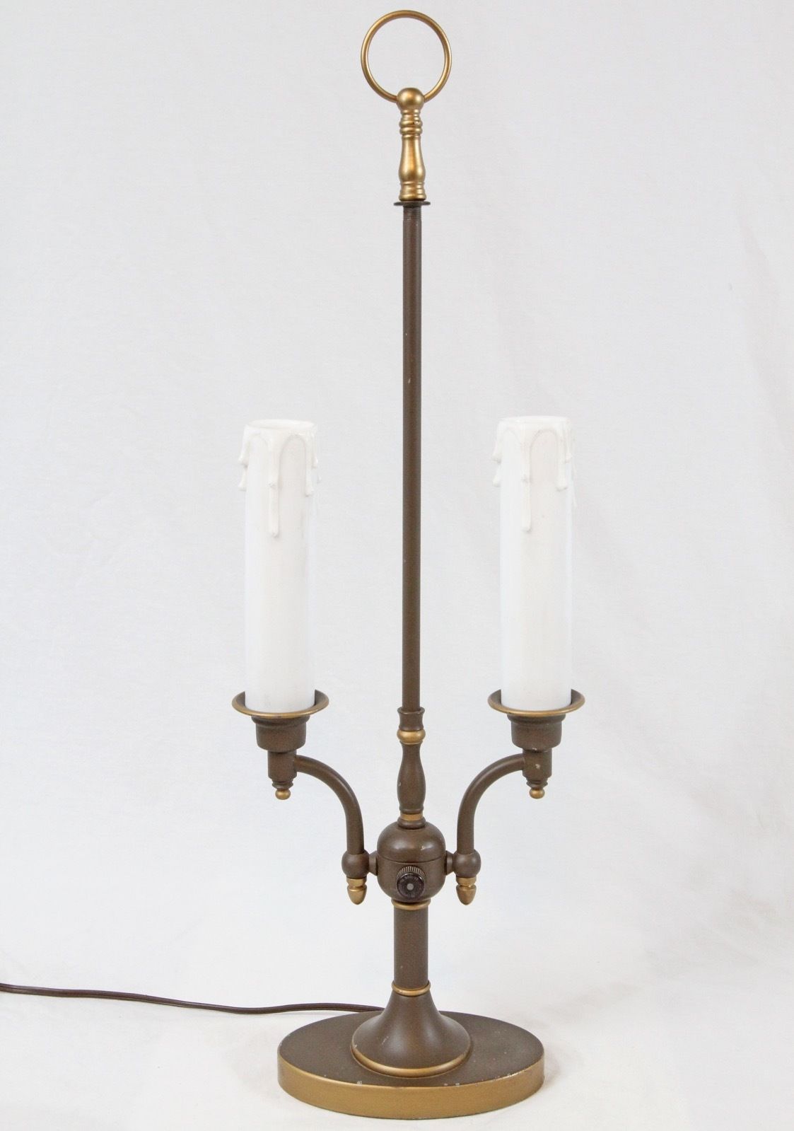 Bouillotte Tole Double Candlestick Table Lamp Vintage Painted Metal Shade Brown