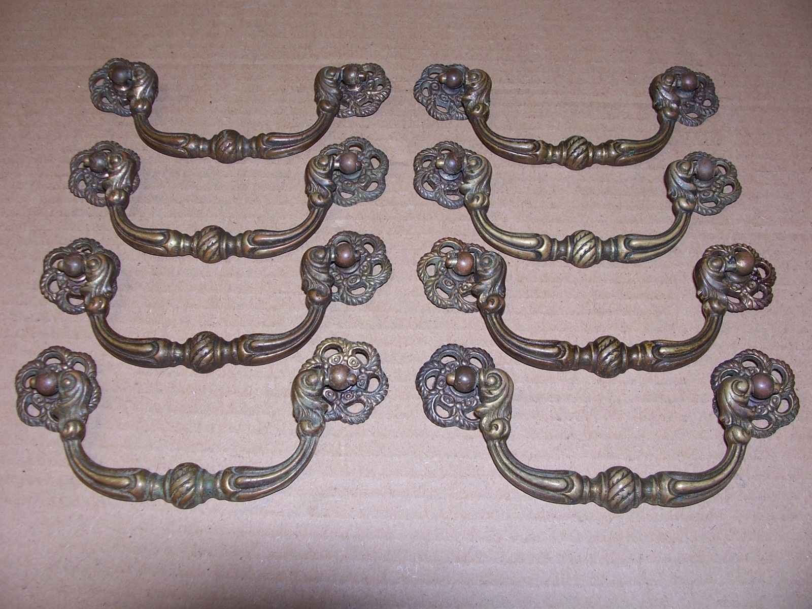 (8) ANTIQUE SOLID BRASS  DRAWER PULLS / HANDLES  -- ORIGINAL SCREWS INCLUDED