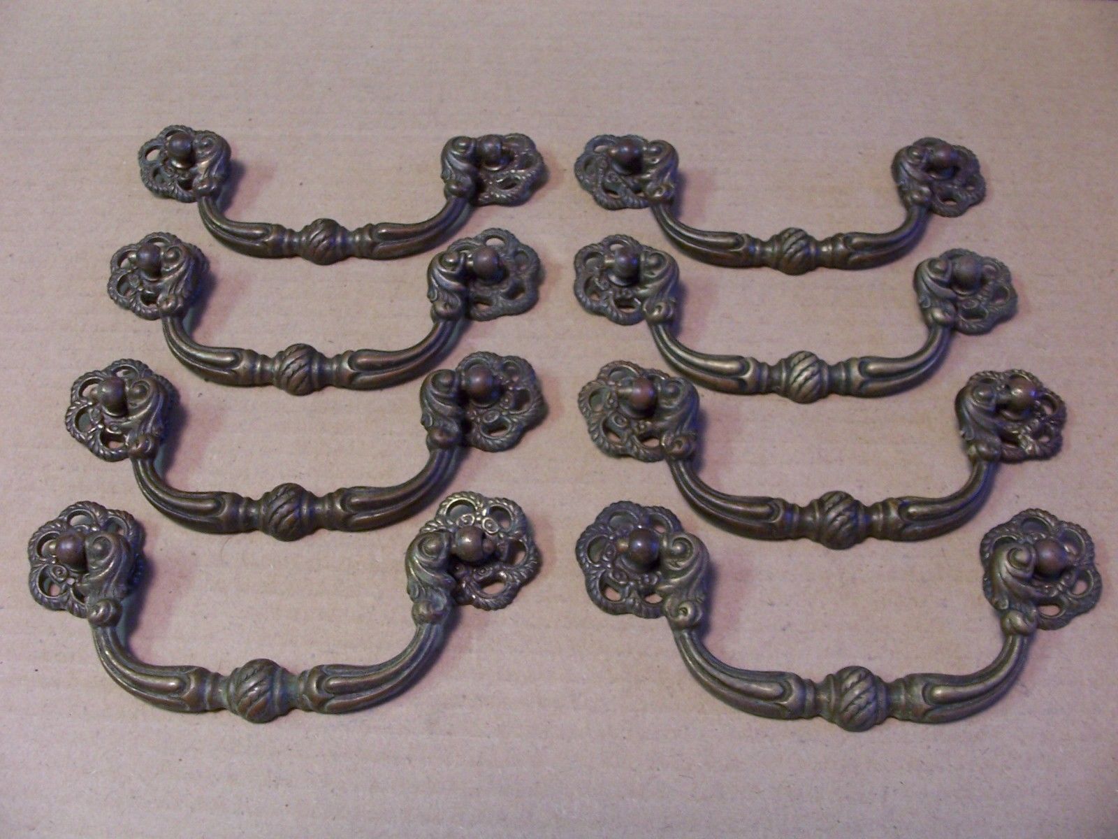 (8) ANTIQUE SOLID BRASS  DRAWER PULLS / HANDLES  -- ORIGINAL SCREWS INCLUDED