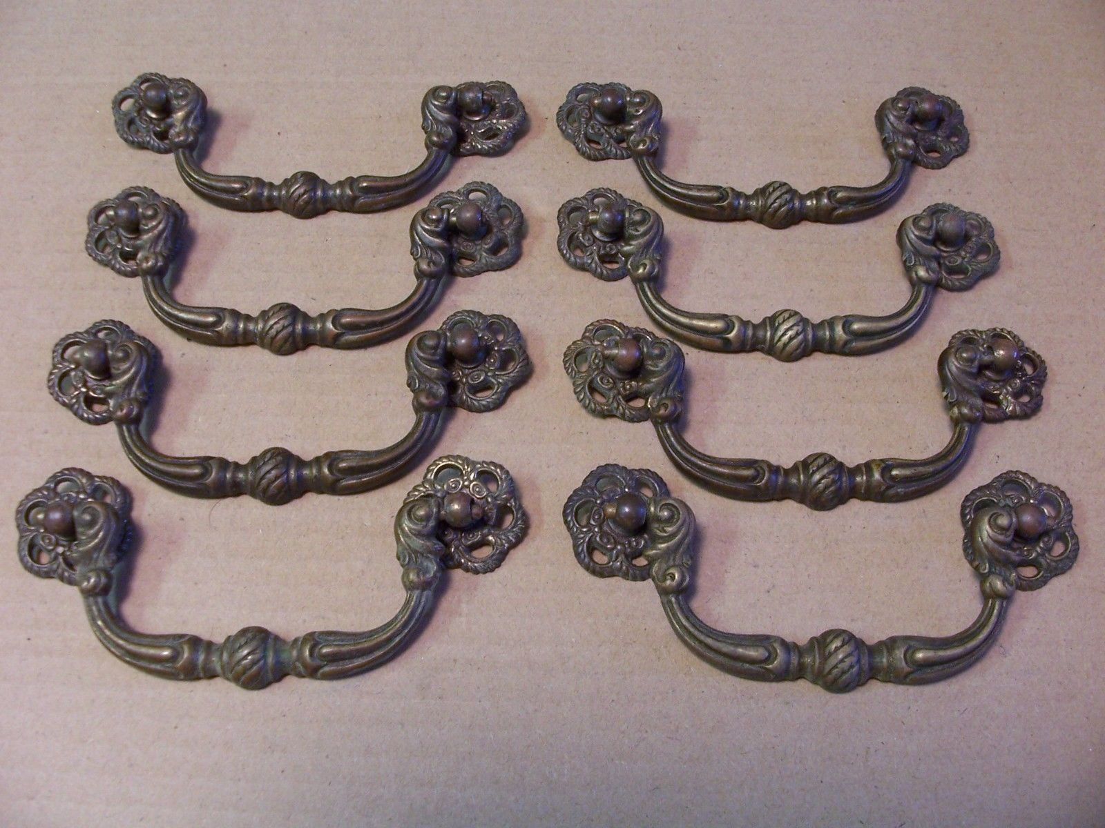 (8) ANTIQUE SOLID BRASS  DRAWER PULLS / HANDLES  -- ORIGINAL SCREWS INCLUDED