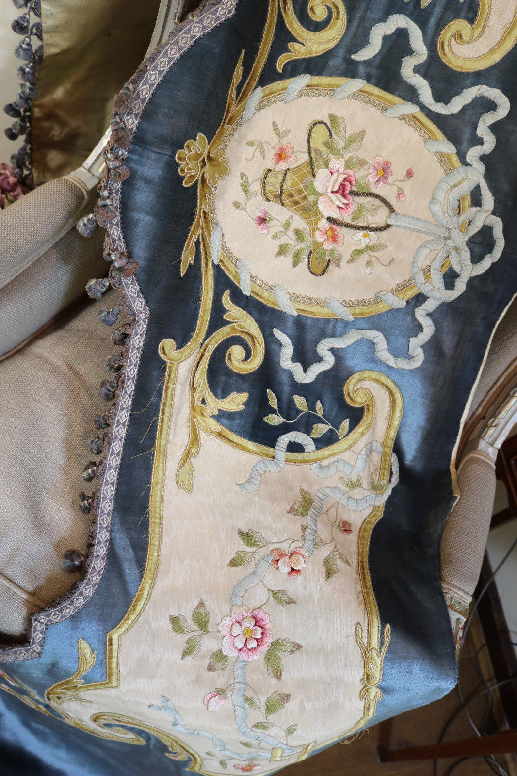 Antique French Pelmet Velvet Valance Silk Embroidered Flowers Ribbon Work