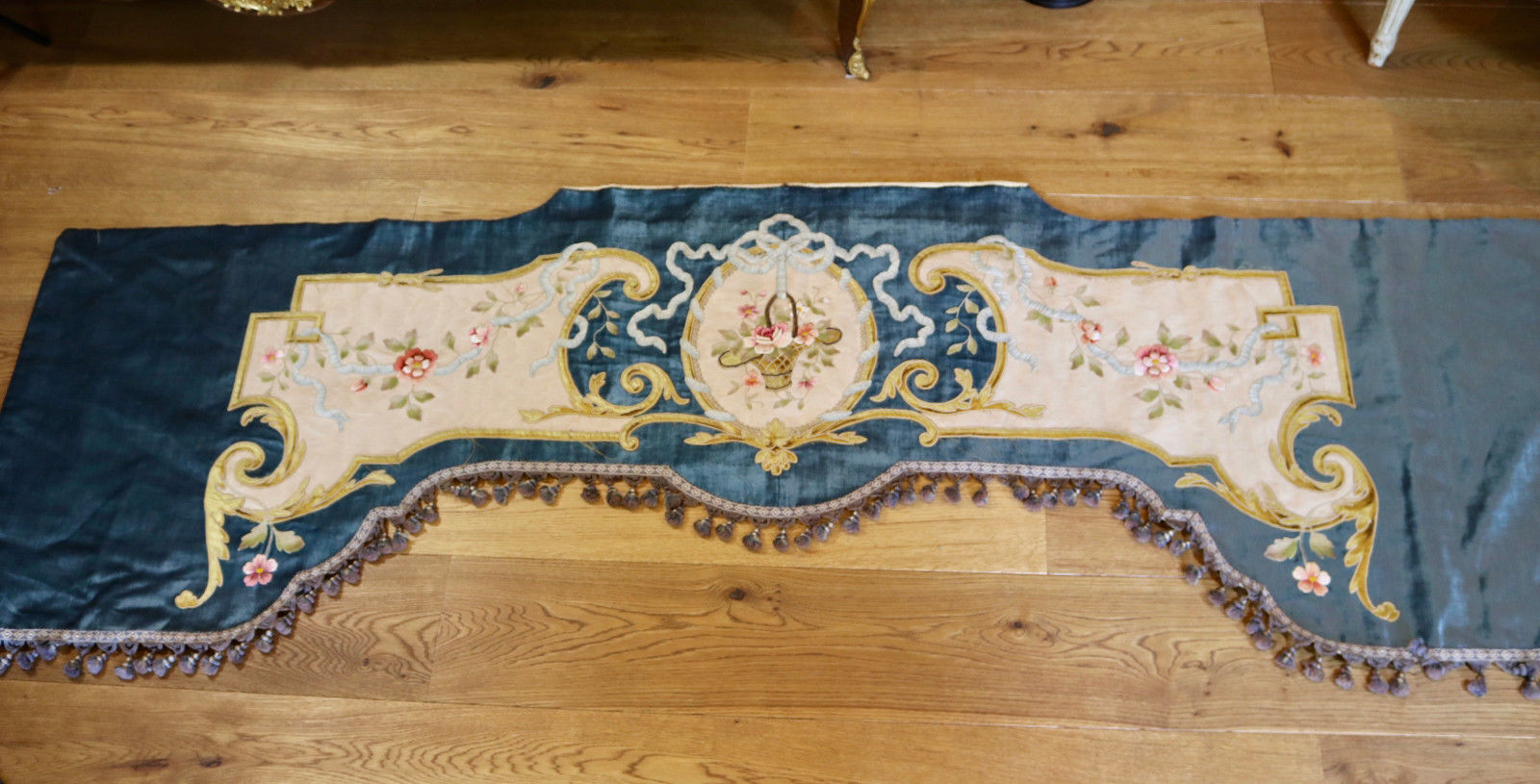 Antique French Pelmet Velvet Valance Silk Embroidered Flowers Ribbon Work