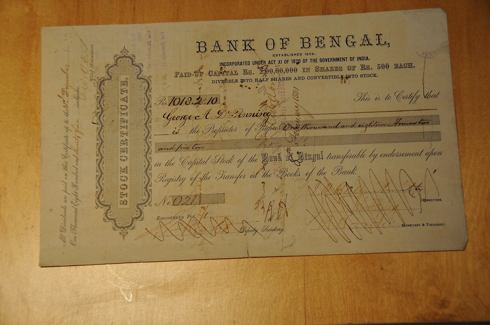 2. India, Bank of Bengal, 1875, Stock Certificate, EX. RARE