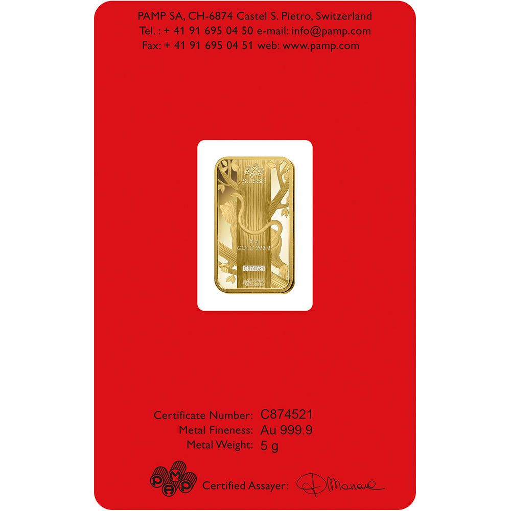 5 gram Gold Bar - PAMP Suisse - Lunar Year of the Monkey - 999.9 Fine in Assay