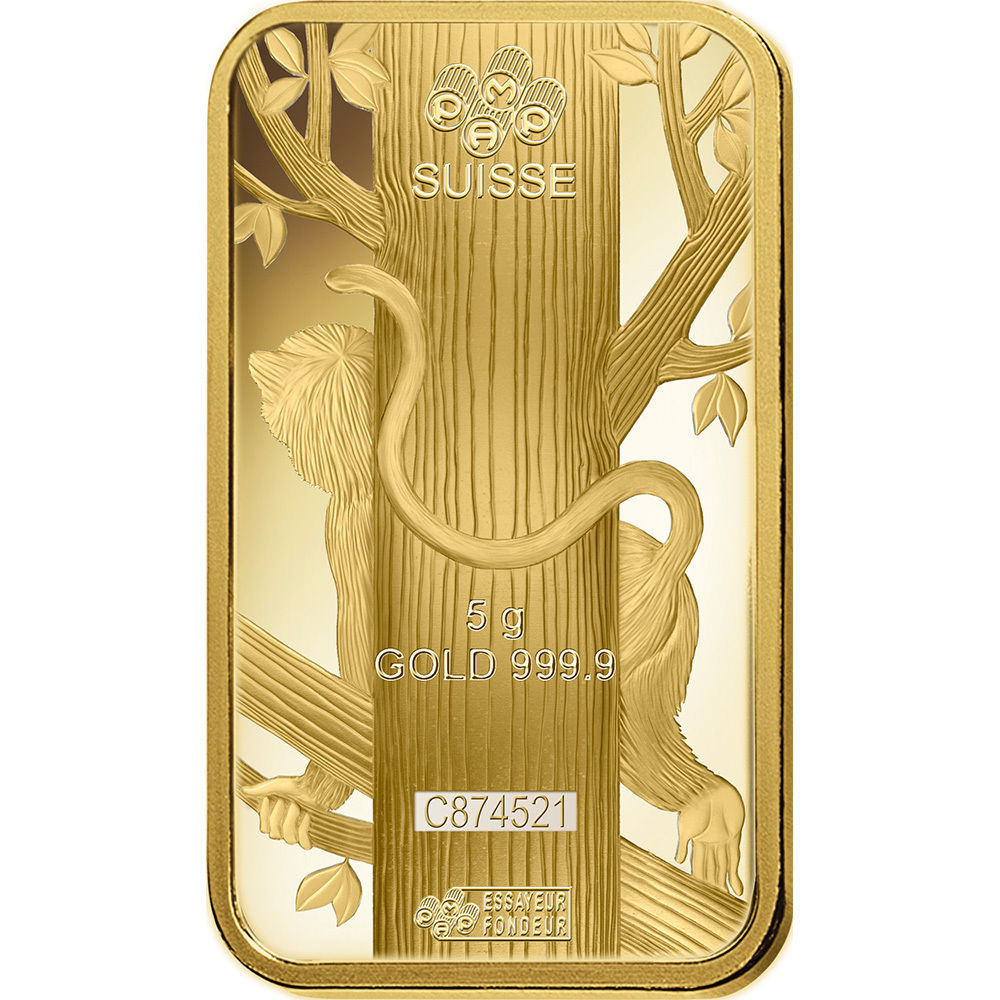 5 gram Gold Bar - PAMP Suisse - Lunar Year of the Monkey - 999.9 Fine in Assay