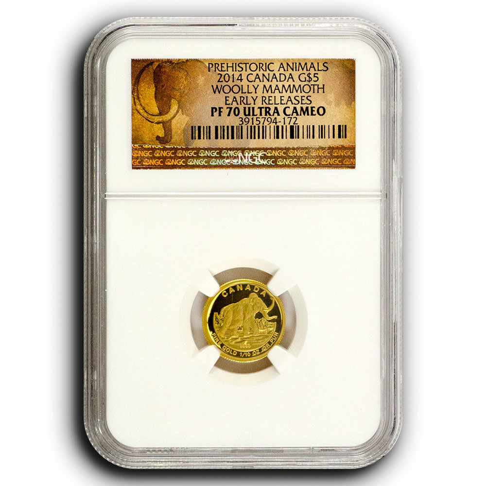 2014 Wooly Mammoth NGC PF70 ER Canada 1/10th oz Proof Gold Coin
