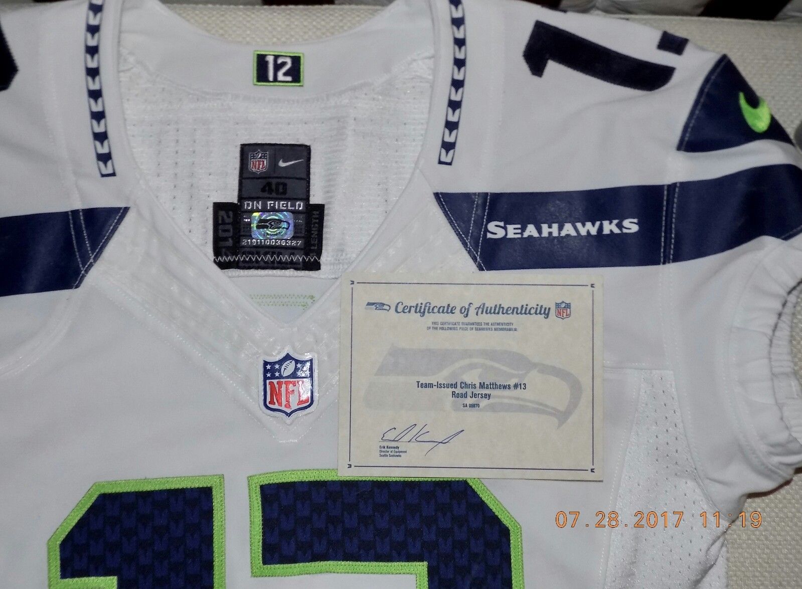 13CHRIS MATTHEWS, NIKE, Team Issued, COA, SEATTLE SEAHAWKS JERSEY 40 SKILL