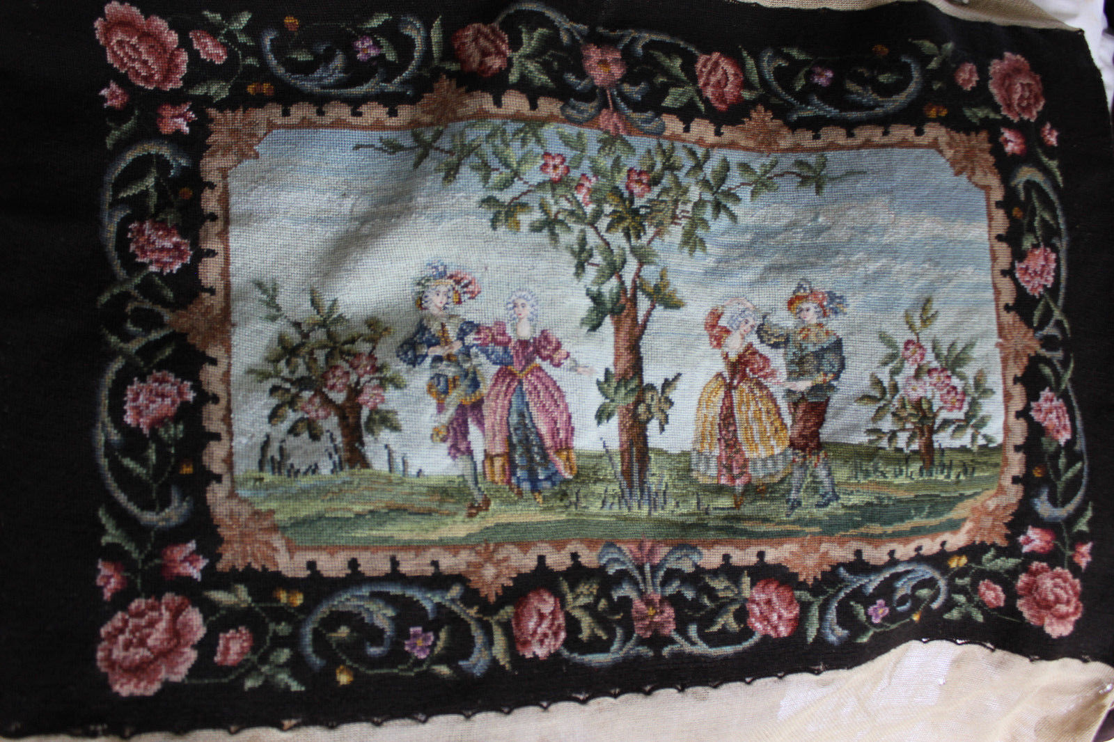 Vintage Antique French wool needlework tapestry needlepoint 19th century