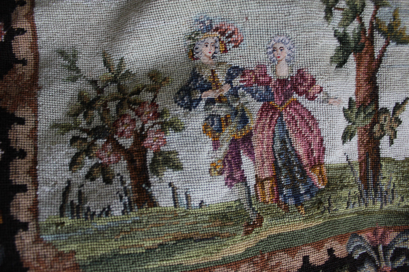 Vintage Antique French wool needlework tapestry needlepoint 19th century