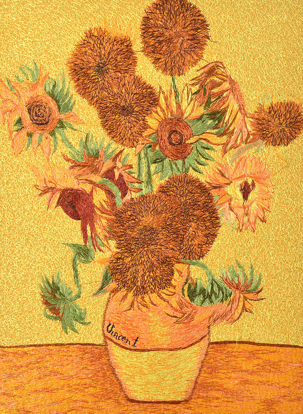 READY TO FRAME 18" BROCADED SILK EMBROIDERY PIECE : VAN GOGH'S SUNFLOWERS