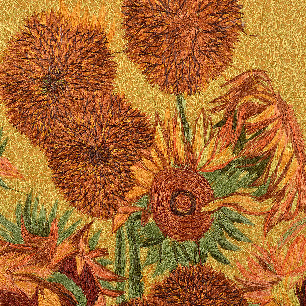 READY TO FRAME 18" BROCADED SILK EMBROIDERY PIECE : VAN GOGH'S SUNFLOWERS