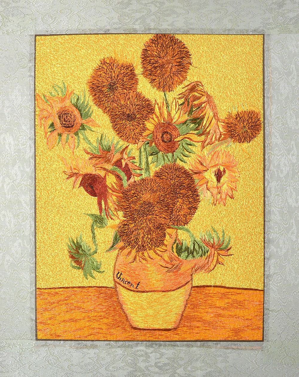 READY TO FRAME 18" BROCADED SILK EMBROIDERY PIECE : VAN GOGH'S SUNFLOWERS