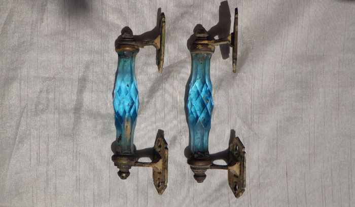 Antique Pair Blue Cut Glass Brass Door Handles
