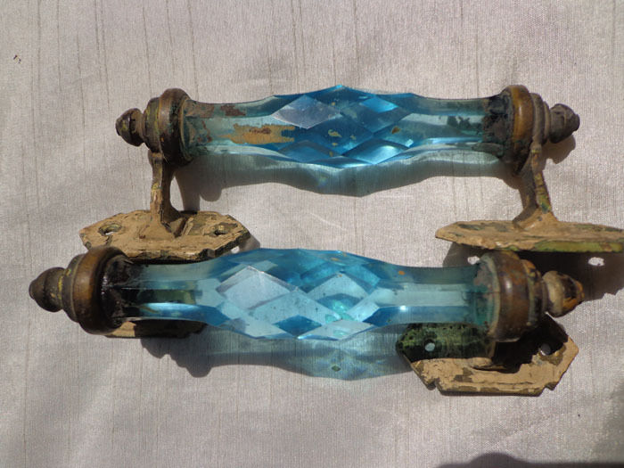 Antique Pair Blue Cut Glass Brass Door Handles