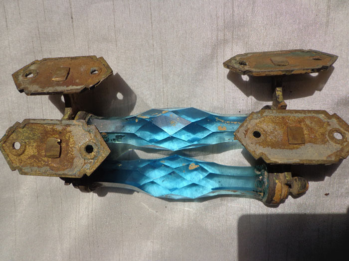 Antique Pair Blue Cut Glass Brass Door Handles