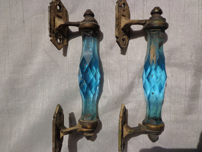 Antique Pair Blue Cut Glass Brass Door Handles