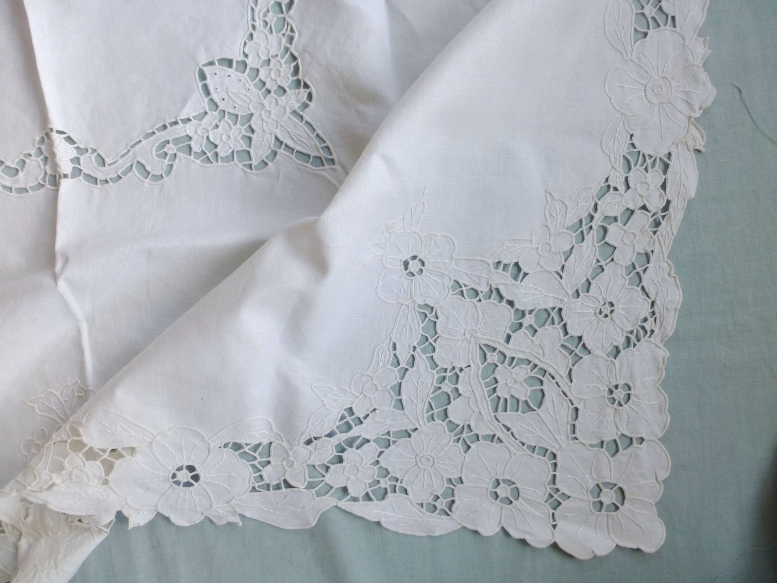 Antique style linen hand embroidered cutwork lace tea tablecloth