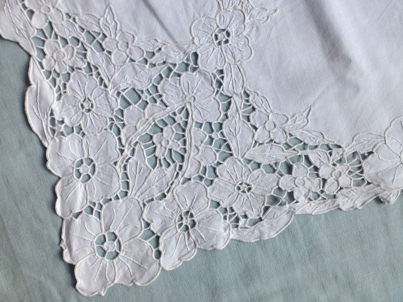 Antique style linen hand embroidered cutwork lace tea tablecloth