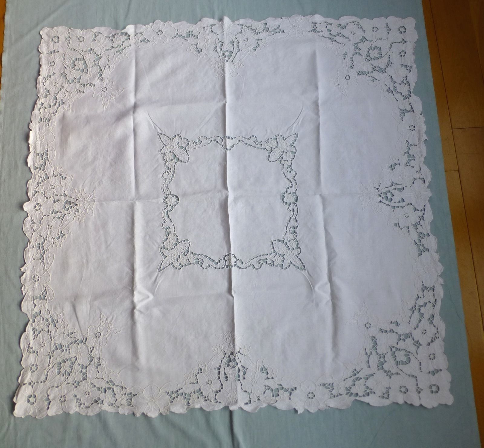 Antique style linen hand embroidered cutwork lace tea tablecloth